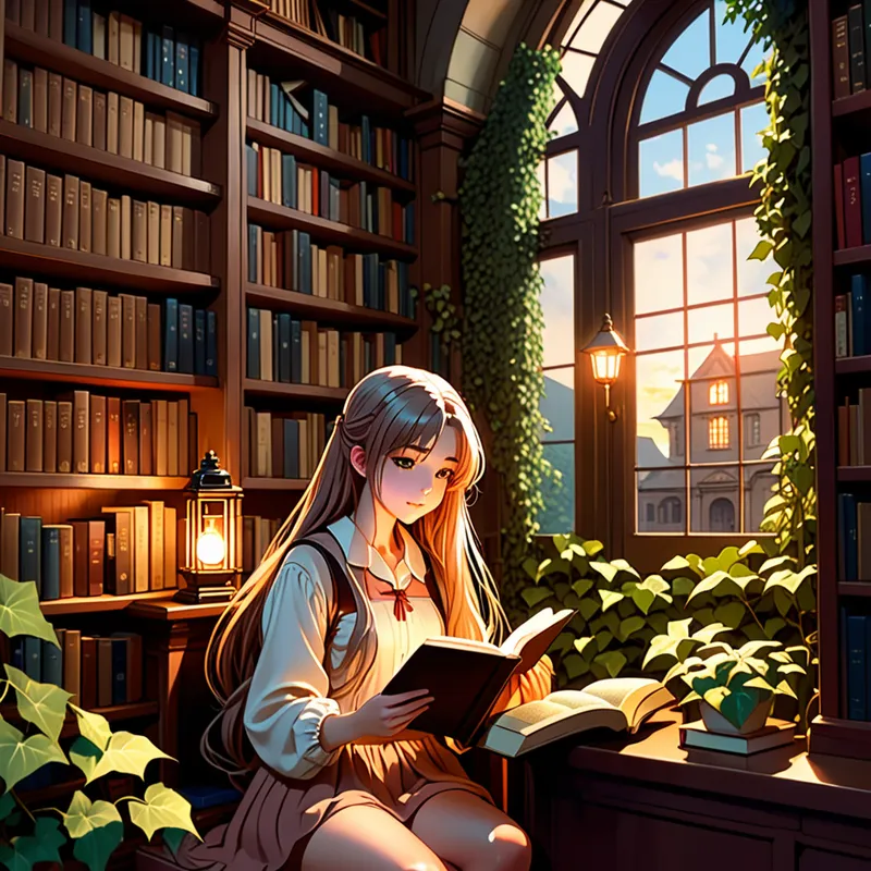 Secret Corner Reader - A beautiful anime-style girl reading quietly in a hidden corner of an old-fashioned library. Surrounded by towering bookshelves, ivy near the windows, warm lamps, and cozy cushions, the scene feels intimate and peaceful. She has long detailed hair, expressive anime eyes, and a gentle smile while absorbed in her book. Soft lighting, charming environment, highly detailed, whimsical mood. - AI image generated with Fictional