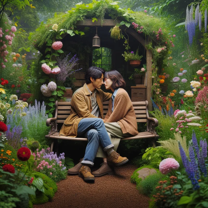 Secret Rendezvous - A hidden garden with lush greenery and a cozy bench where two lovers share a secret, romantic moment. - AI image generated with Art