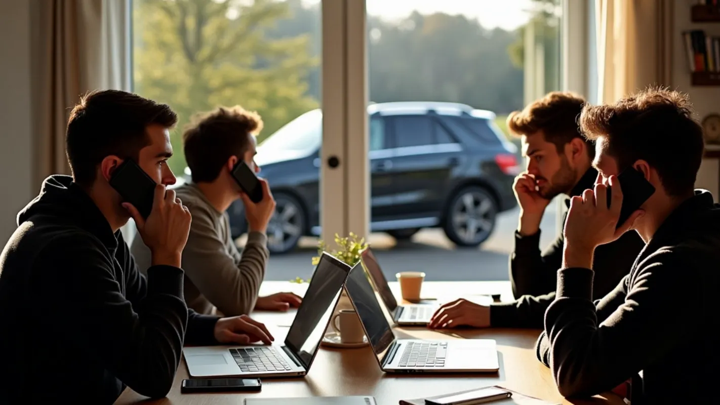 Secretive Calls by Window, GLE Outside - A group of young men in a modern house, making phone calls at a kitchen table. They look out the window at a black Mercedes-Benz GLE 63S parked outside. The mood is secretive and mischievous, with phones, notepads, and open laptops scattered around, sunlight streaming in. - AI video generated with Pro