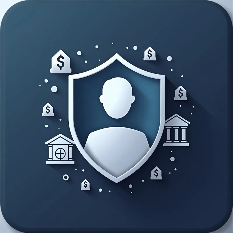 Secure Bank Signup - An icon symbolizing a secure account creation process, featuring a shield overlaying a user profile, with bank-related symbols such as currency signs or a vault in the background. Use dark blue and silver to represent security and trust. - AI image generated with Photorealistic 2