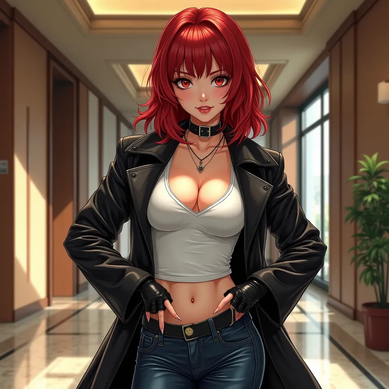 Seductive Manga Heroine in Leather - A mesmerizing Chinese femme fatale stands in the spacious lobby of an apartment building. Her mid-length red hair features a bold fringe over her forehead. Clad in a shiny black leather trench coat, black wide stiff gloves, a plunging white t-shirt, low-cut jeans, and glossy black leather riding boots, she leans forward flirtatiously, hands on her hips, gazing at the viewer with enchanting red eyes filled with playful affection. The artwork is manga-inspired, richly colored, with intricate light and shadow. - AI image generated with Photorealistic 2