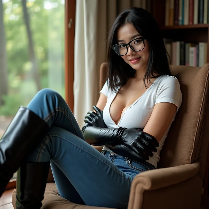 Seductive Scholar in Leather - An alluring Asian woman with magnificent features and sleek, straight hair, wearing trendy eyeglasses and a plunging white t-shirt. Her black leather gloves and form-fitting blue jeans emphasize her fashionable look, complemented by glossy, tall black riding boots. She sits on an armchair in a well-lit library near a large window revealing a serene forest. Her arms are crossed beneath her bust, looking at the viewer with a flirty, romantic gaze and a mischievous smile from a floor-level, boot-centric angle. - AI image generated with Photorealistic 2