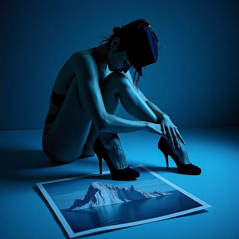 Seductive Stiletto Close-Up - have each hand spread fingers and touching the toe box of her shoe. place the hat on the floor. place a picture of an iceberg as the floor - AI image generated with Context - close-up macro photograph, fantasy art, master shot