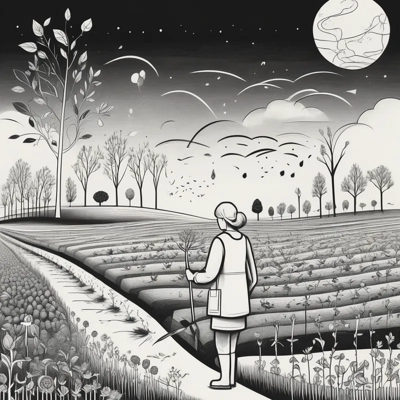 Seeds of Wisdom - A black and white landscape scene portraying an adult planting seeds in a field where each sprout blooms into symbols of education—such as pencils, globes, and certificates—emphasizing growth over the course of a professional journey in education. - AI image generated with Photorealistic - minimalist line art