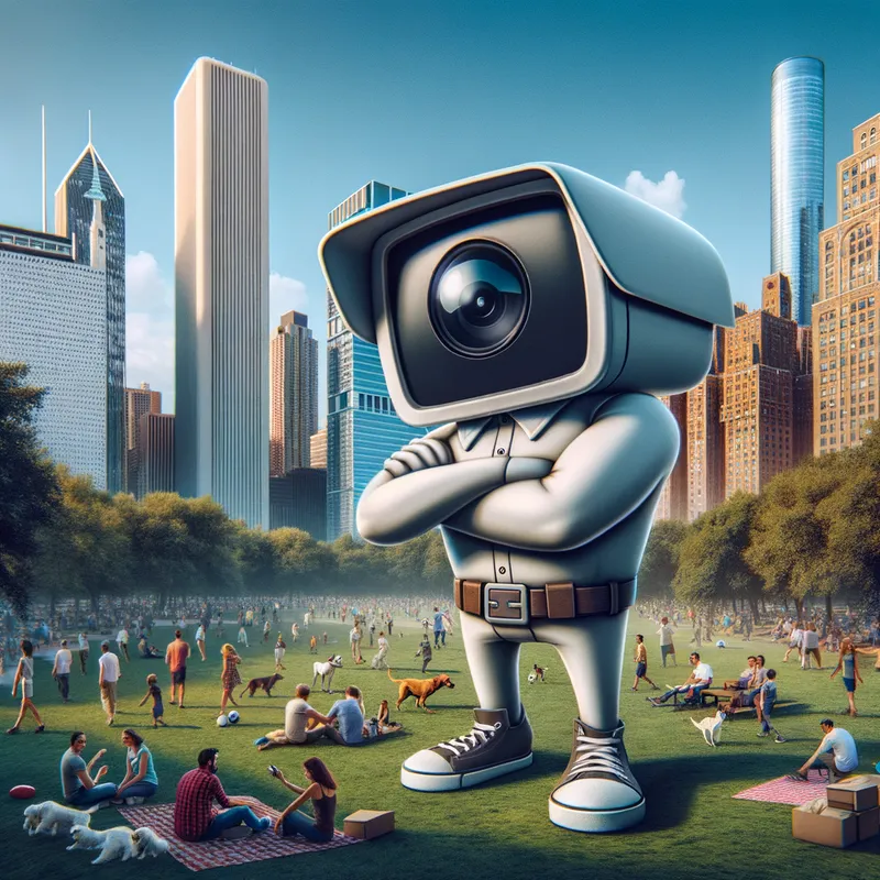 SentinelSight - An illustration of a serious cartoon surveillance camera, anthropomorphized with arms folded and a determined expression, keeping a watchful eye on a bustling urban park. - AI image generated with Art