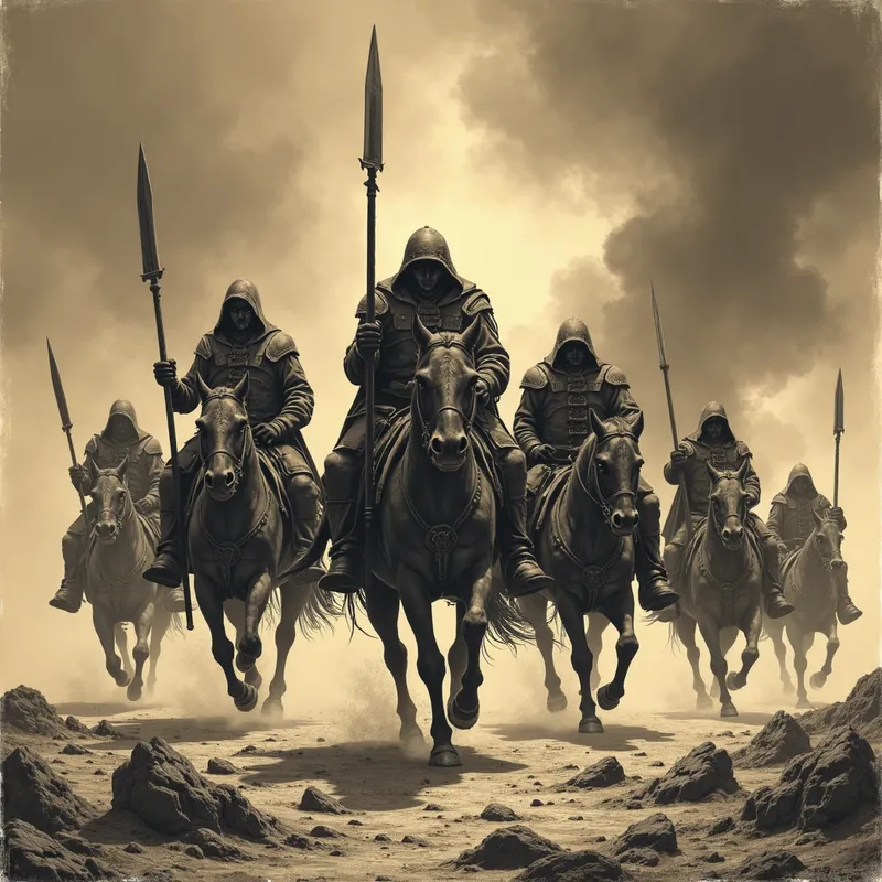 Sepia Chaos: Warrior Horde - In a hellish landscape of fire and smoke, three dark warriors on monstrous steeds command six footmen soldiers, ready to unleash chaos and destruction. - AI image generated with Photorealistic 2 - stippling drawing, sepia tone