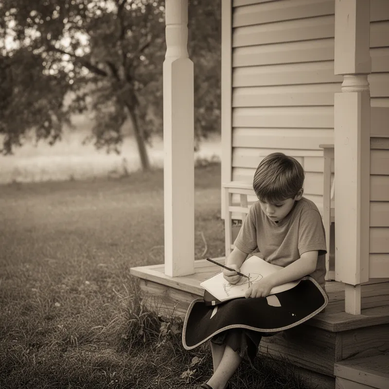 Sepia Sketch: Sad Boy with Pirate Hat - A boy sitting sadly on the porch of a house while holding a pirate hat - AI image generated with Flux 2 - sketching, sepia tone