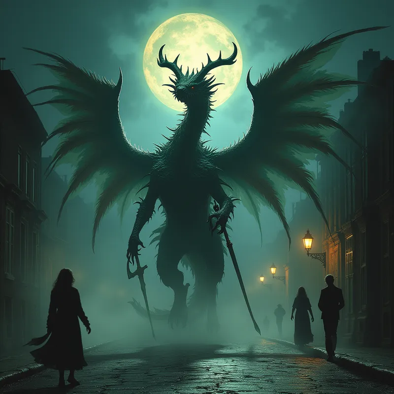 Seraphic Abyssal Dragon - A fearsome dragon covered in spectral, feathered wings and a shimmering halo of ghostly energy above its horned head, talons grasping ancient scythe-like weapons, surrounded by faint silhouettes of spirits as it emerges from the shadows, embodying both wrath and grace. - AI image generated with Photorealistic 2 - deserted street at night, surrealismus, Salvador Dali