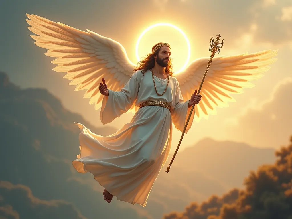 Seraphic Sage - A wise and gentle angel with arabic features, emanating an aura of tranquility, holding a radiant staff, and surrounded by a soft halo of light, floating over a serene landscape. - AI image generated with Photorealistic 2