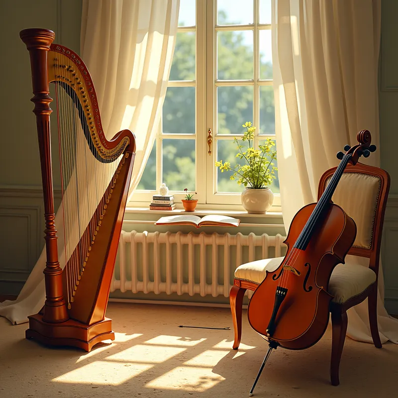 Serenade in Sunshine - Create a piece inspired by the elegance and complexity of Mozart, featuring violins, cellos, and a harp. The music should evoke a bright and cheerful atmosphere, reminiscent of a sunny day.