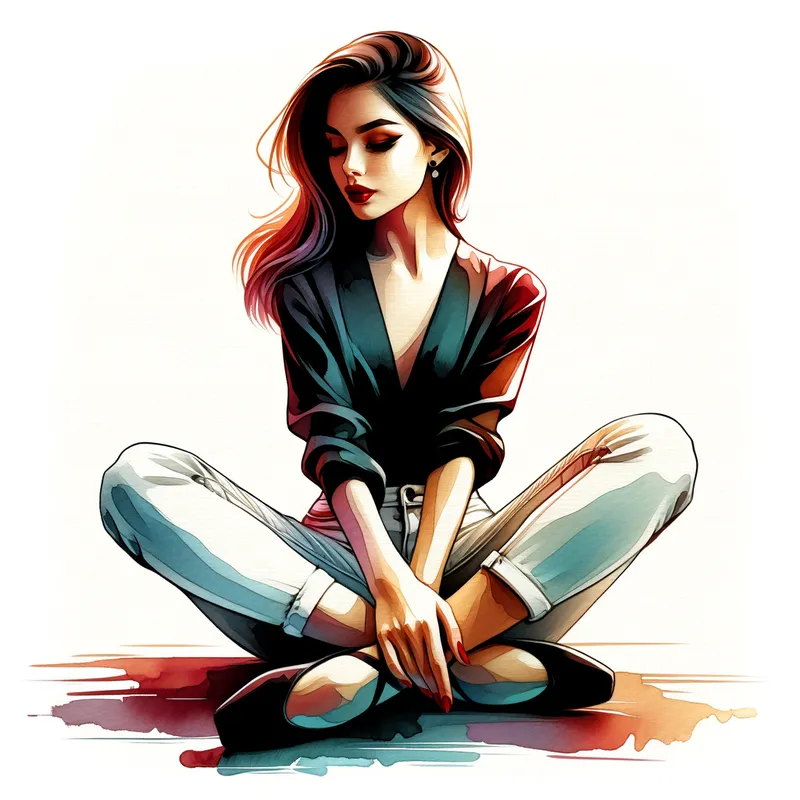 Serene Ballerina - A beautiful ballerina with silky hair sitting cross-legged on the floor. She is seen wearing deep red lipstick, a sophisticated black blouse, white jeans, and black ballerina pointe shoes. The image captures a moment of tranquility with soft, warm lighting highlighting her serene expression. - AI image generated with Art - alcohol ink, cartoony, colorful