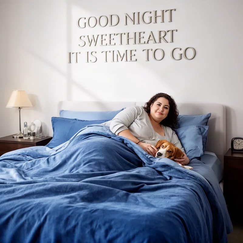 Serene Blue Bed Scene - A serene and stylish bedroom in layered blue tones, featuring a plus-size woman lying in bed fully tucked in under the covers. A beagle is under the blankets with her, suggesting companionship and warmth. Above the bed, on the white wall, readable decorative text says: "GOOD NIGHT SWEETHEART IT IS TIME TO GO". Elegant composition, soft shadows, upscale bedroom aesthetic, photorealistic look. - AI image generated with Flux 2 - photorealistic