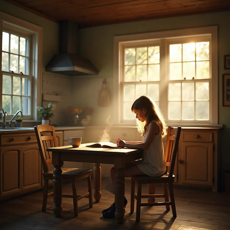 Serene Country Kitchen Devotion - A tranquil country kitchen bathed in soft morning light, a teenage girl sits at a rustic wooden table, sipping coffee and reading her Bible. Across the table, the gentle, glowing ethereal essence of Jesus sits quietly, offering a peaceful and comforting presence. - AI image generated with Photorealistic 2