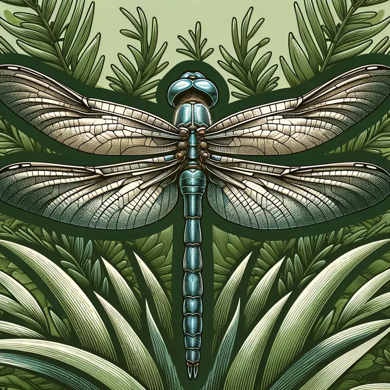 Serene Dragonfly - A detailed drawing of a dragonfly with its wings closed, viewed from the back. The dragonfly is set against a lush, blurred background of green foliage. - AI image generated with Art