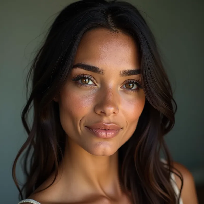 Serene Elegance - A realistic photo of a 45-year-old Brazilian woman with medium-dark skin, long wavy dark hair loosely tied back, and a subtle beauty mark near her upper lip. She has soft smile lines, gentle freckles, and a calm, focused expression. - AI image generated with Photorealistic 2