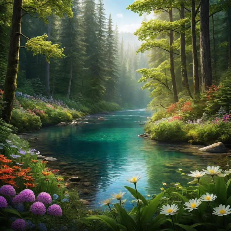 Serene Forest with Sparkling River - Create an imaginative image with a focus on nature, avoiding any human faces. The scene should be serene, featuring a lush forest with a sparkling river running through it, and a variety of colorful flowers and wildlife. - AI image generated with Photorealistic