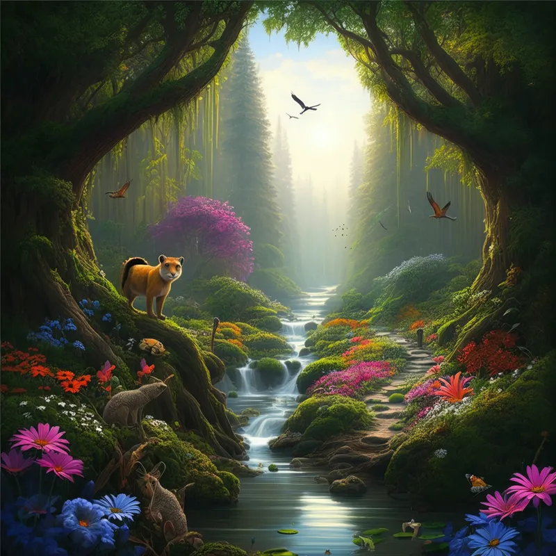 Serene Forest with Sparkling River - Create an imaginative image with a focus on nature, avoiding any human faces. The scene should be serene, featuring a lush forest with a sparkling river running through it, and a variety of colorful flowers and wildlife. - AI image generated with Imagen 3