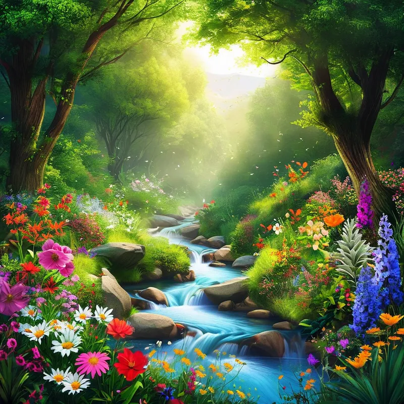 Serene Forest with Sparkling River - Create an imaginative image with a focus on nature, avoiding any human faces. The scene should be serene, featuring a lush forest with a sparkling river running through it, and a variety of colorful flowers and wildlife. - AI image generated with Nova Canvas