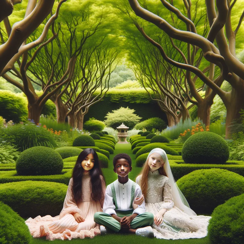 Serene Garden Gathering - A beautiful green garden with a variety of trees creating a lush environment. In the middle, three children are seen sitting closely: two girls with long hair gently moving with the breeze, and a boy dressed in charming, detailed long clothes. The scene is peaceful and filled with youthful innocence. - AI image generated with Art