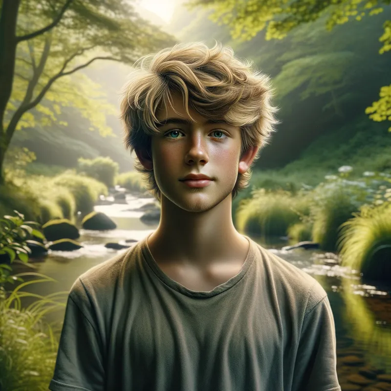 Serene Moment - A realistic photograph of a tall fourteen-year-old boy with fluffy, dirty blond hair. He is standing tranquilly by a creek, the environment providing a calm and picturesque backdrop. - AI image generated with Art