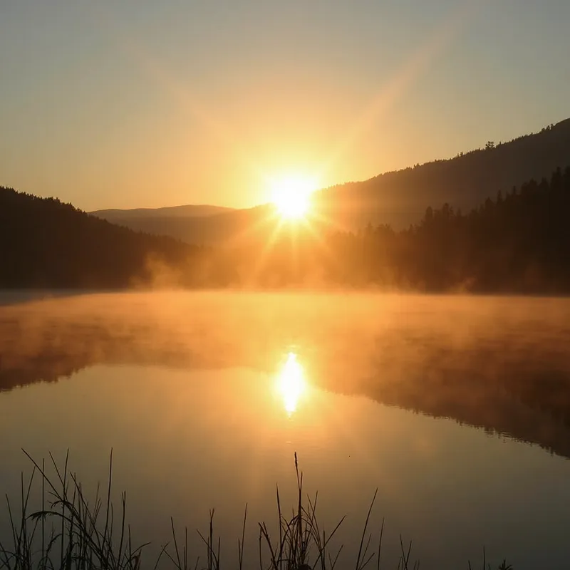 Serene Morning - A peaceful sunrise over a tranquil lake, with the sun's rays gently piercing through a thin layer of morning mist. - AI image generated with Krea