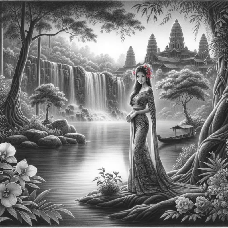 Serene Sanctuary - A delicate pencil drawing depicting a captivating Asian beauty standing amidst the tranquil jungle, surrounded by a serene waterfall and an array of vibrant blooms. The ancient temple in the background adds a sense of timeless elegance to the scene, which is illuminated by the warm hues of a captivating sunset. - AI image generated with Art - pencil drawing