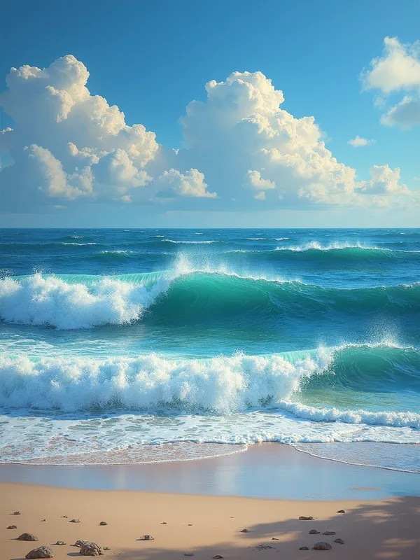 Serene Waves' Lullaby - Waves roll in, so soft, so free, 
A soothing song, they sing to me. 
Their gentle rhythm calms my mind, 
Leaving all my stress behind. 
The ocean whispers, wild yet true, 
"Just breathe, relax—I’m here for you."  - AI image generated with Photorealistic 2 - photorealistic, colorful