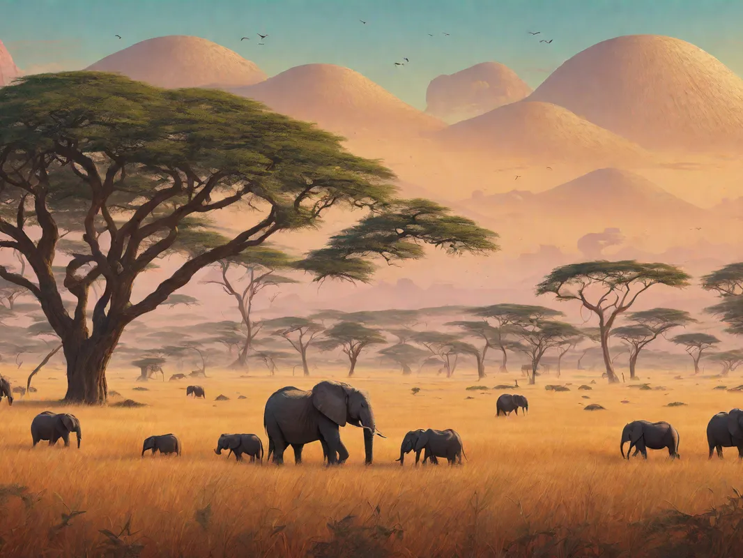 Serengeti Reverie - A surreal, dreamlike landscape of the Serengeti, with the wildlife and natural elements of the region rendered in a photorealistic, cinematic style with a vibrant, ambient, and bright color palette, complete with a subtle grain effect. - AI image generated with Fictional - grain effect