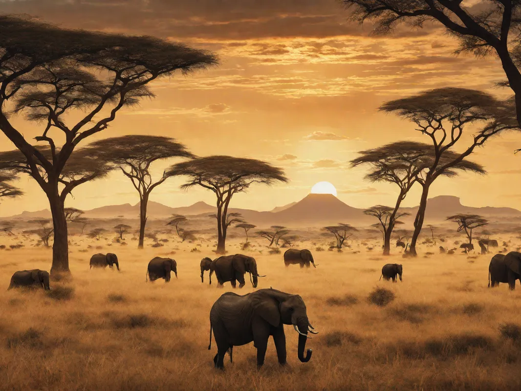 Serengeti Sanctuary - A photorealistic, cinematic depiction of the Serengeti, where the wildlife and landscape are captured in a surreal, ambient, and vividly bright scene that evokes a sense of wonder and tranquility. - AI image generated with Fictional - grain effect