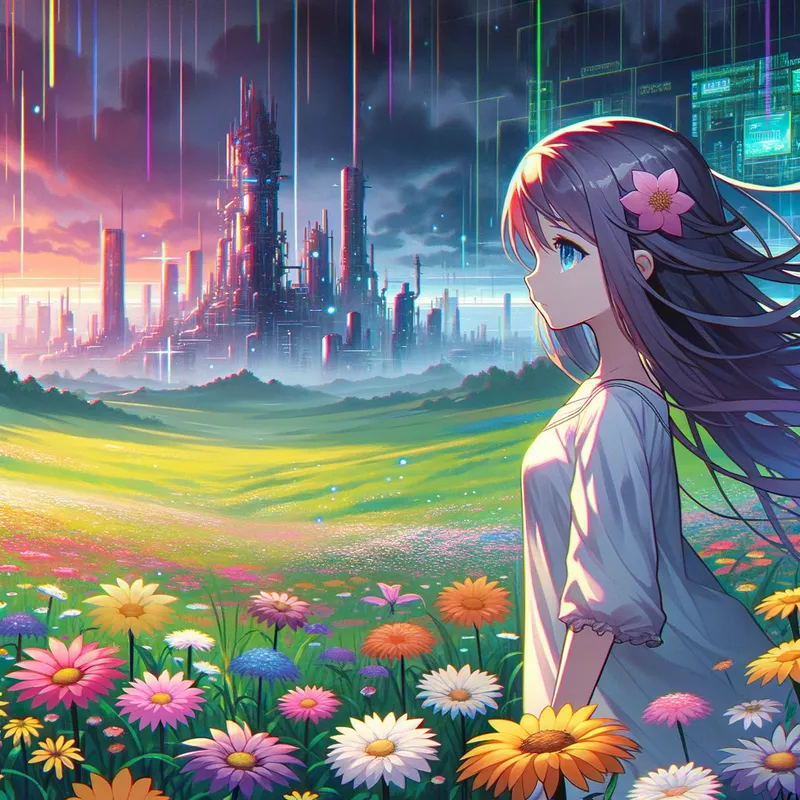Serenity Amidst Chaos - A serene anime girl with flowing hair stands in a lush meadow filled with rainbow-hued flowers, contrasting the dark, metallic structures and holographic signs of a cyberpunk dystopian city encroaching the horizon. - AI image generated with Art - cartoony