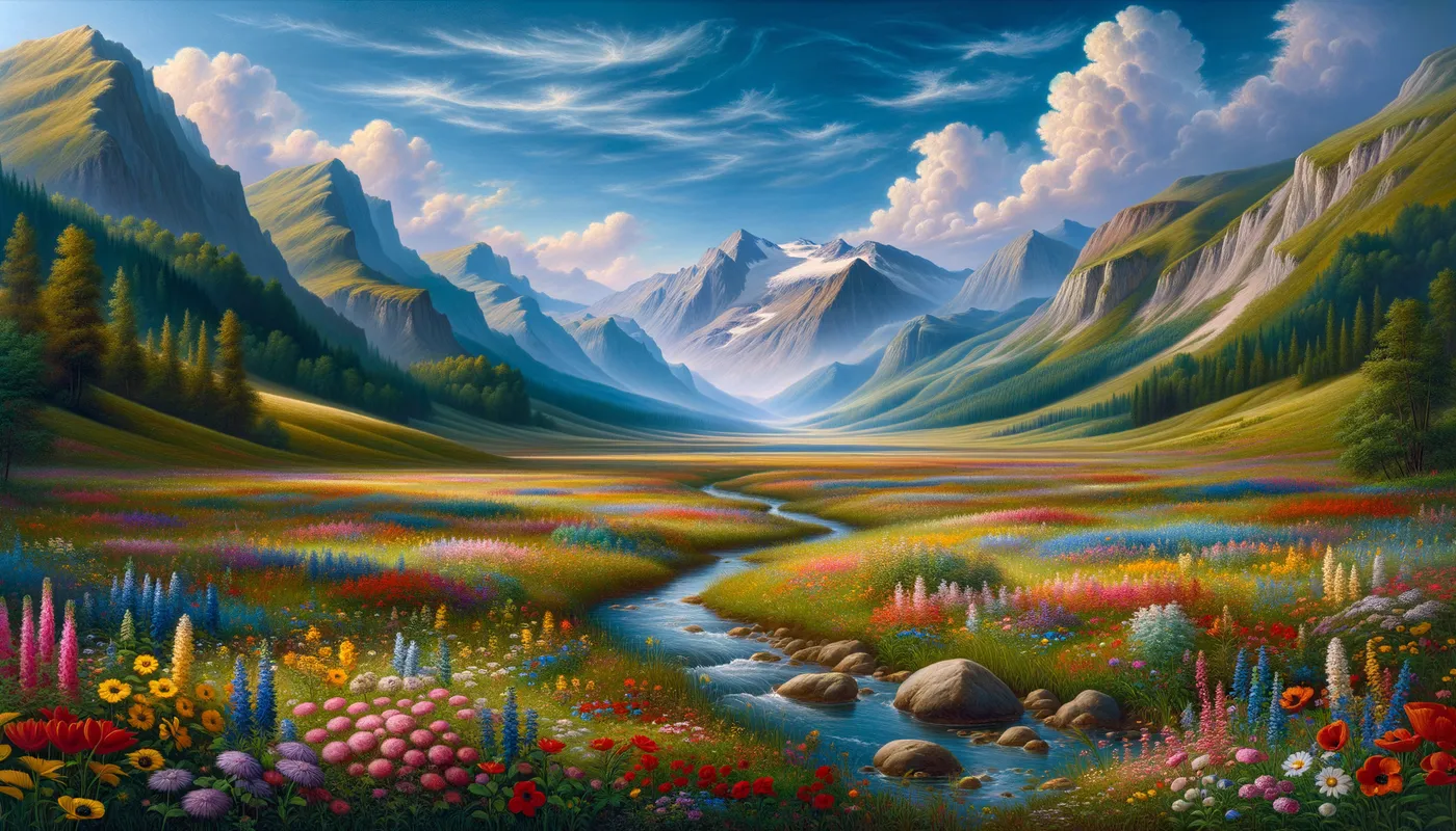 Serenity in Bloom - A lush meadow filled with colorful wildflowers under a clear blue sky, with a gentle stream flowing through the landscape and majestic mountains in the background. - AI image generated with Art - Raphael