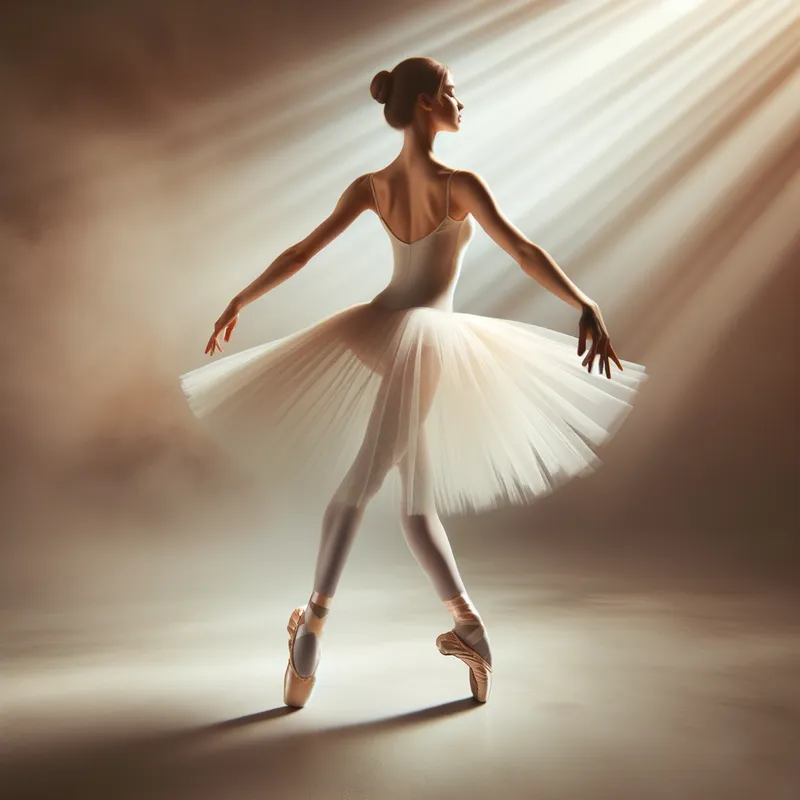 Serenity in Pointe - An image of a woman peacefully lifting her legs, adorned in elegant pointe shoes. She is surrounded by an ethereal ambience, with soft, warm lighting creating a serene mood. - AI image generated with Art