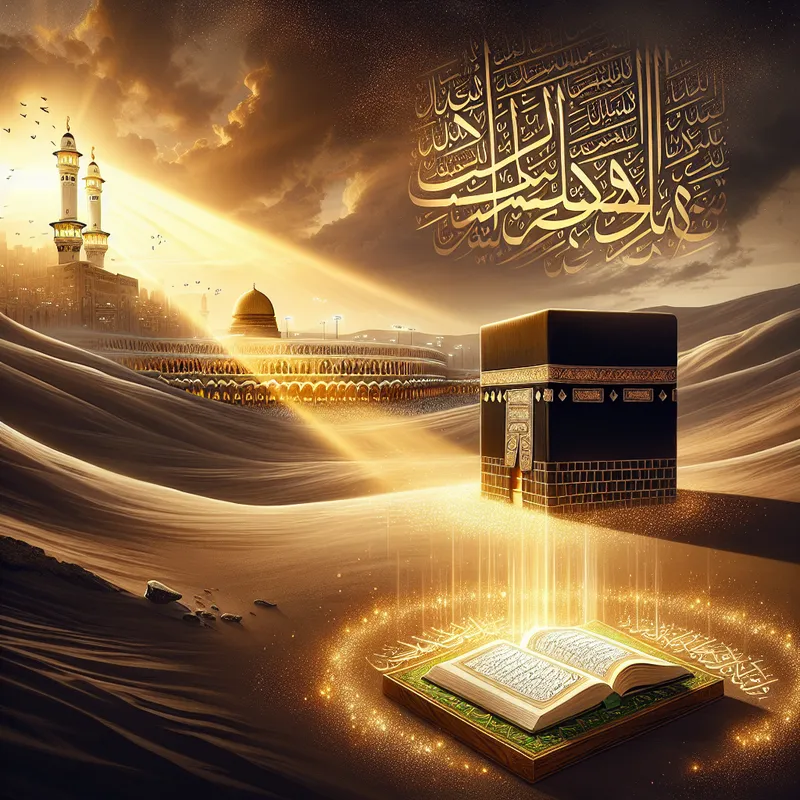 Serenity of the Sacred Desert - The calm desert basks in the golden light of sunrise, with the distant Al-Masjid Al-Haram and glowing Kaaba providing a spiritual backdrop. A Qur’an on a wooden stand in the foreground is bathed in a heavenly beam. Above, the Arabic calligraphy reads: "عبد الله – حامل القرآن – داعية الحق" (Bondservant of Allah – Carrier of the Qur’an – Caller to the Truth). Below, the English phrase: "My mission is for Allah alone. Distraction has no place in my heart." The color palette includes deep gold, black, and white, with accents of emerald green to symbolize life and hope. - AI image generated with DALL-E 3