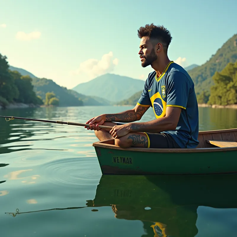 Serenity with Neymar - A realistic scene of Neymar sitting in a small fishing boat on a clear, calm lake. He is casually dressed in the Brazilian soccer jersey, appearing relaxed and focused as he holds a fishing rod. The water shows gentle ripples with reflections of lush greenery and distant mountains. The sky features a warm, late-afternoon glow with a few wispy clouds. Neymar's tattooed arm is visible, contributing to the serene environment. - AI image generated with Photorealistic 2