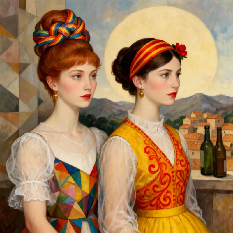 Serious Gaze Above the Terracotta Village - A richly textured stylized painting of two women shown half-length, facing slightly away from the viewer but casting their gaze to the right with solemn elegance. The woman on the left has reddish-brown hair in a high intricate bun woven with rainbow ribbons, and wears a sheer white blouse with puff sleeves and a colorful angular bodice. The woman on the right has dark brown hair held by a red and yellow striped headband with a small red flower, and wears a sheer white blouse under a yellow and orange-red embroidered vest with a yellow skirt. Their faces are pale and softly flushed, with red lips and gold earrings. The background transitions from muted geometric abstraction to a dreamlike landscape with a large glowing circular shape, distant mountains, a small village of terracotta roofs, and two bottles resting on a ledge. Warm inviting illumination, visible painterly brushwork, refined folk-art inspired modernism. - AI image generated with Flux 2 - Matisse, close-up