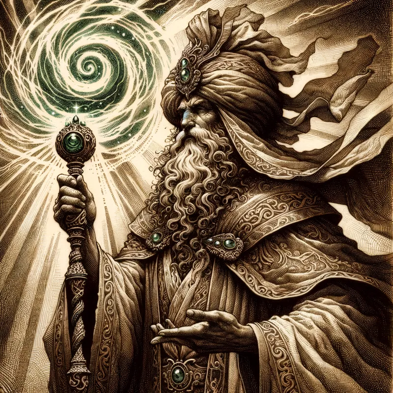 Serpent Staff Spellcaster - A regal spellcaster wearing flowing embroidered robes and a jewel-encrusted turban, gripping a serpentine staff carved in emerald, unleashing a whirlwind of magical light from their fingertips in a dimly-lit chamber. - AI image generated with Art - sepia tone, stippling drawing