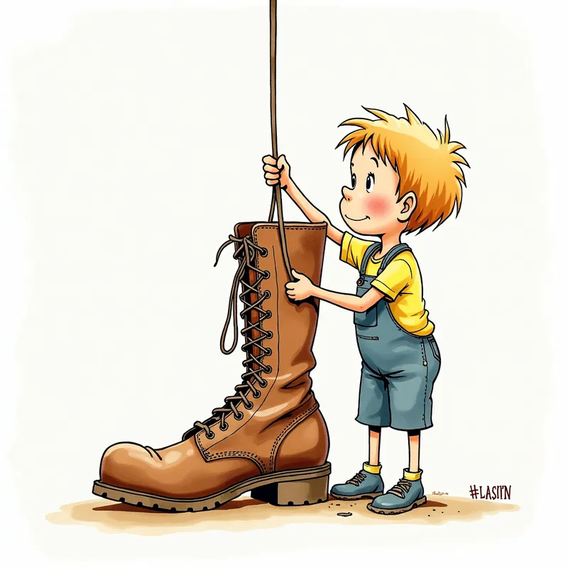 Seuss-Style Boy Hanging from Boot Lace - a cartoon style watercolor line wash in the style of Doctor Seuss of a single old worn-out leather work boot with its laces half- way laced with a little boy grasping the lace and hanging from it - AI image generated with Flux