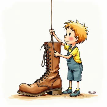 Seuss-Style Boy Hanging from Boot Lace