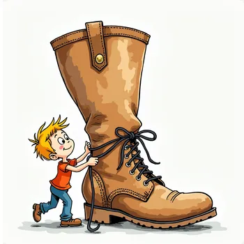 Seuss-Style Boy Hanging from Boot Lace