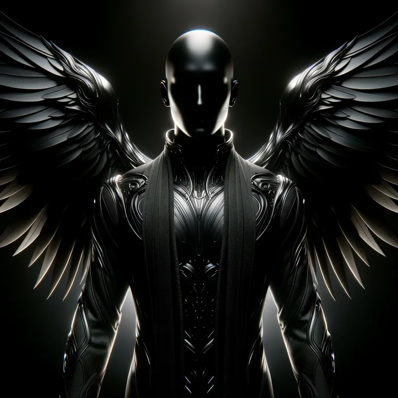 Shadow Archangel - A faceless, futuristic male angel cloaked in sleek black, positioned in an endless black void. The intricate design of his attire and the subtle glow of his wings create a striking contrast against the darkness. - AI image generated with Art