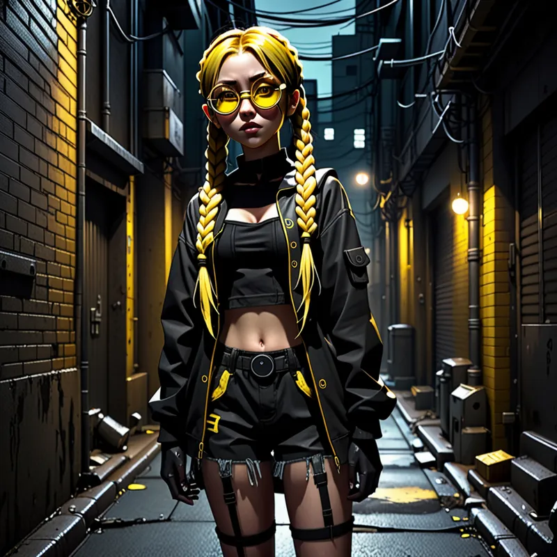 Shadow Braid Minion - An anime girl inspired by minion features, with golden-yellow skin, twin braids, oversized round goggles, and a dark edgy outfit, standing in a dimly lit urban alley with cinematic contrast and haunting dark anime aesthetics. - AI image generated with Fictional