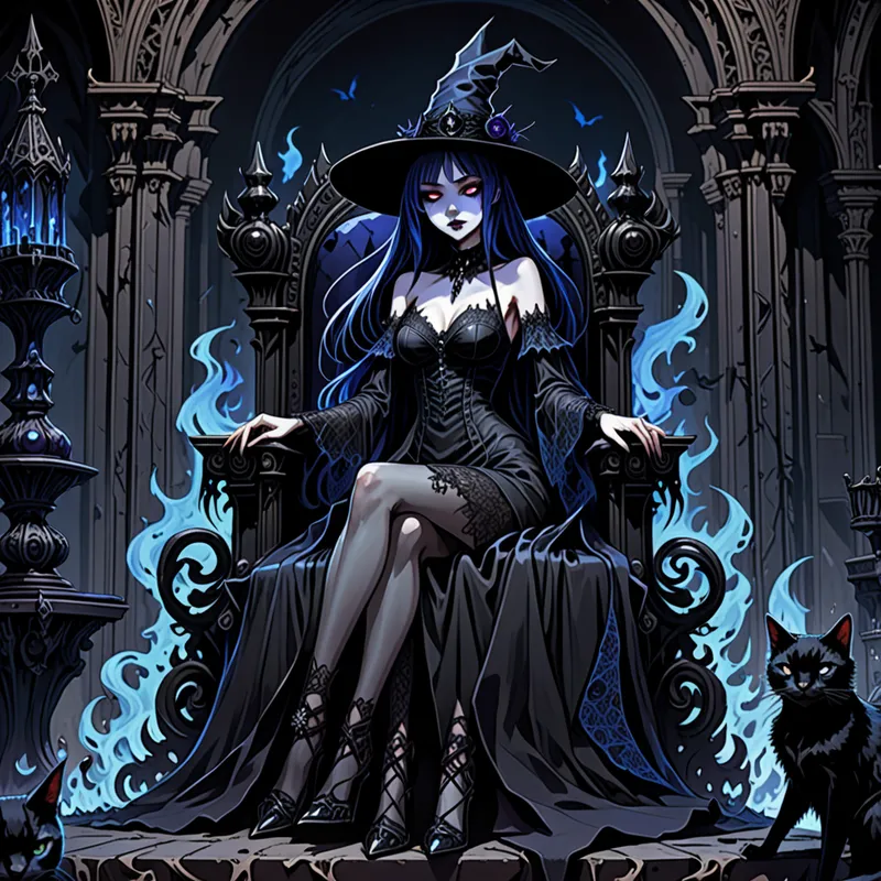 Shadow Familiar Witch - A mysterious dark witch in anime style art seated on a gothic throne, accompanied by shadowy familiars like black cats and spectral ravens, wearing a lace-trimmed black dress and a wide-brimmed hat, dim castle interior, eerie blue flames, detailed fantasy aesthetic - AI image generated with Fictional