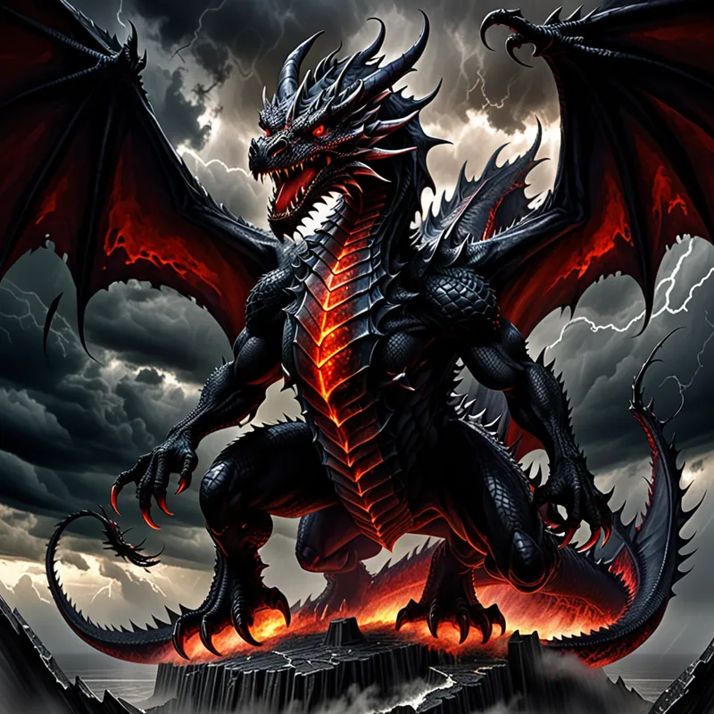 Shadow Fury Wyrm - A monstrous black-scaled dragon amidst a stormy sky, wings unfurled in dominance. Its face is menacing, highlighted by two massive, blazing red eyes with no visible pupils, looking like molten pools of energy. The environment is scorched, emphasizing its destructive presence. - AI image generated with Fictional - fantasy art