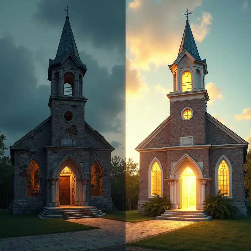 Shadow and Light Sanctuary - A symbolic and realistic image of two churches next to each other. The left church is dark, decaying, and forgotten, with rotting wood, crumbling brick, shattered windows, and no signs of life. The right church is radiant and flourishing, with pristine architecture, glowing light from within, vibrant landscaping, open doors, and a sense of hope and renewal. Use contrasting tones of cold desaturation on the left and warm saturation on the right. - AI image generated with Photorealistic 2