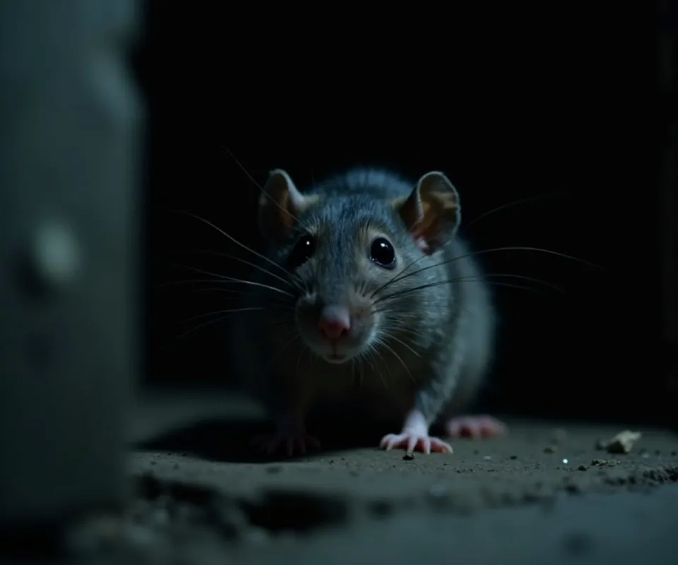 Shadowed Close-Up: Startled Rat - A close-up of a startled rat beginning to shake in a dramatic, shadowy environment; dark, cinematic lighting, building suspense, camera angle heightens unease, cut before any harm is shown. - AI video generated with Kling 2.1 Standard