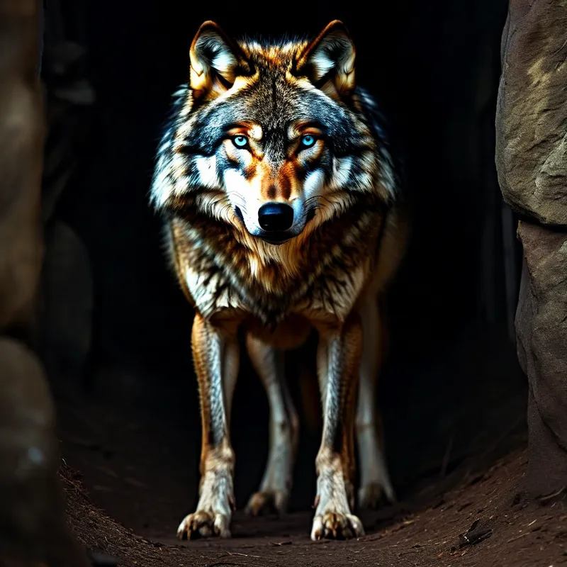 Shadowed Den Watcher - A powerful wolf with rich brown fur and striking blue eyes stands watchfully in the shadowy entrance of its den. The dim light casts dramatic shadows across its muscular form, emphasizing the intense gaze of its piercing eyes in the darkness. - AI image generated with Nova Canvas
