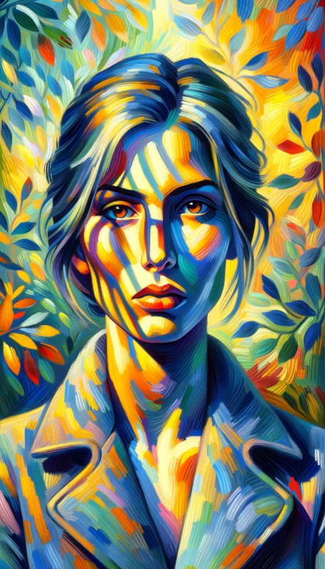 Shadowed Fauvist Woman in Nature - An expressive, Fauvist-inspired portrait of a woman in three-quarter view. Bold painterly strokes define her face, where striking shadows fall, with a vivid foliage background painted in explosive, unnatural hues. - AI image generated with Art