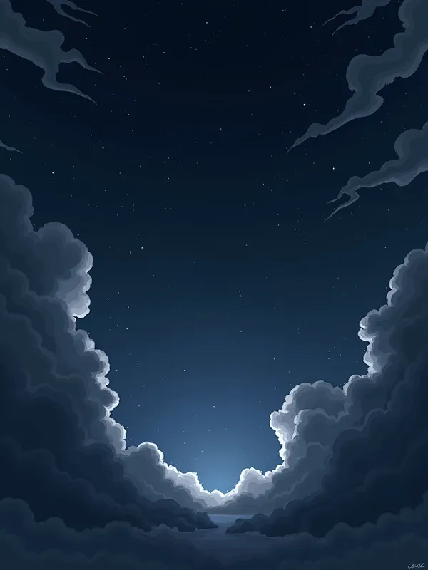 Shadowed Starlit Fantasy - "A dark and mysterious night sky, deep navy and black tones with faint stars scattered across, thick shadowy clouds forming dramatic shapes, no moon visible, ambient lighting with subtle glow effects, anime-style digital art, high contrast and moody fantasy atmosphere" - AI image generated with Photorealistic 2