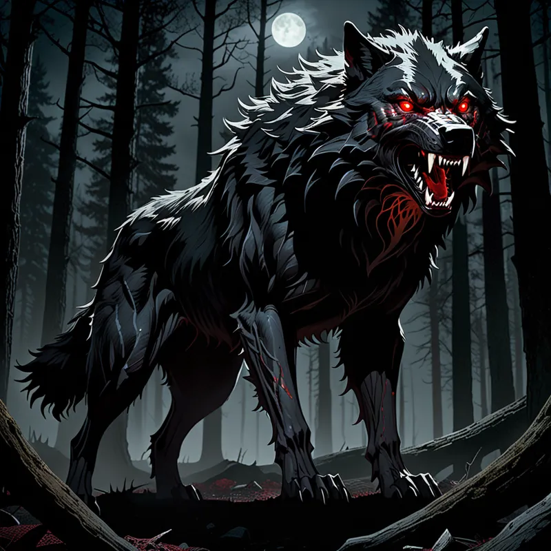 Shadowfang Alpha - An enormous wolf-like beast stands menacingly in a dark forest. Its fur is pitch black and looks almost singed at the edges, absorbing the moonlight around it. The creature bares its large, razor-sharp fangs, and its glowing violent red eyes pierce through the shadows, exuding an aura of raw power and primal fear. - AI image generated with Fictional