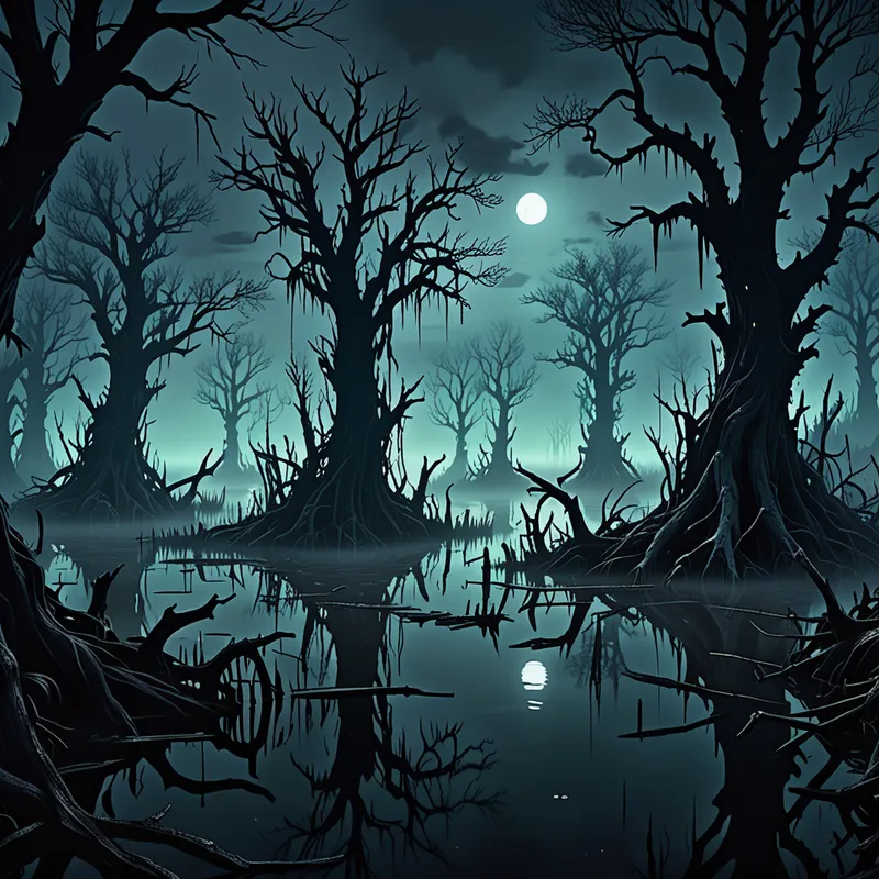 Shadowfen Sorcery - An anime-style black swamp landscape at night, filled with dense fog, crooked dead trees, deep murky water, and subtle magical energy shimmering through the air. Dark fantasy mood, highly detailed environment, eerie glowing plants, and a hauntingly beautiful composition. - AI image generated with Fictional